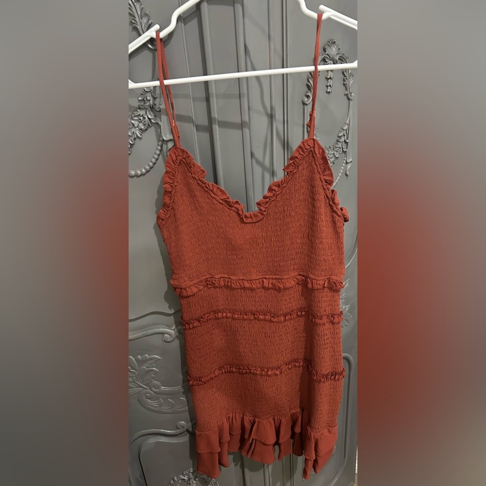 Olivaceous Rust Smocked Ruffle Neck Sundress